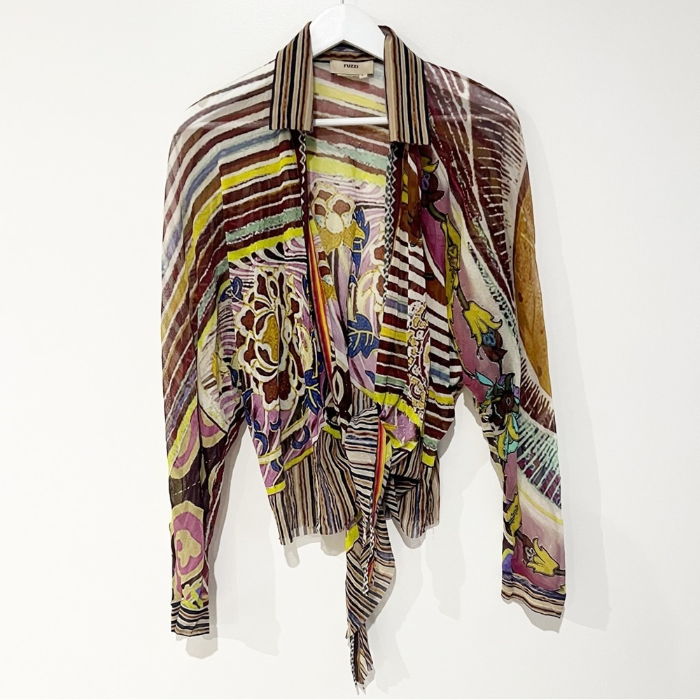 FUZZI Collared Open Front Waterfall Mesh Long Sleeve Multicolor Cover Up Jacket
